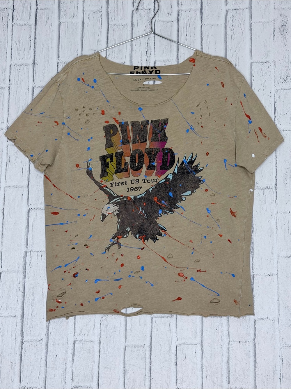 🎸 Lucky Brand Pink Floyd Distressed Paint Splatter Graphic Tee Large